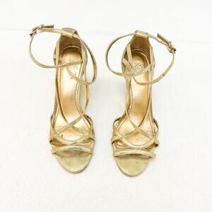 Badgley Mischka Belle Gold Metallic Cross Strap Wedge Open Toe Sandal Size 6